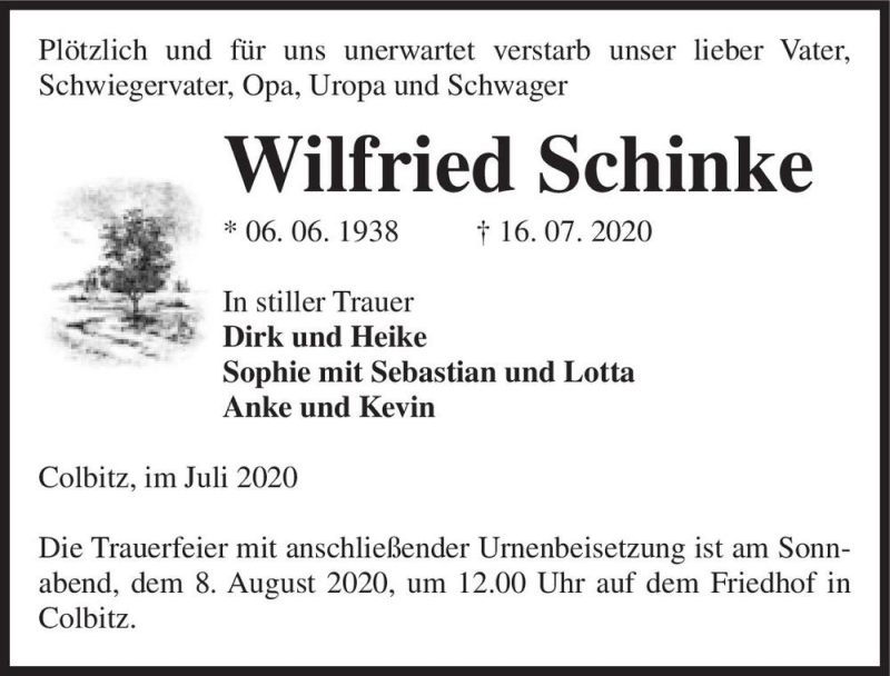 Traueranzeige für Wilfried Schinke  vom 25.07.2020 aus Magdeburger Volksstimme