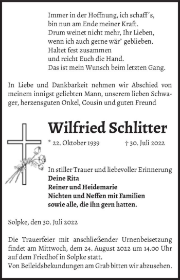 Traueranzeige von Wilfried Schlitter  von Magdeburger Volksstimme