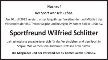 Traueranzeige von Wilfried Schlitter  von Magdeburger Volksstimme