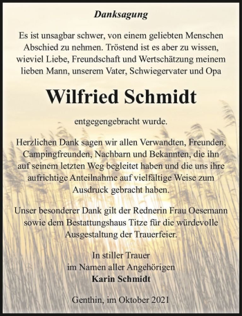 Traueranzeige von Wilfried Schmidt  von Magdeburger Volksstimme