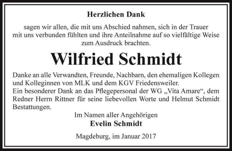  Traueranzeige für Wilfried Schmidt  vom 21.01.2017 aus Magdeburger Volksstimme