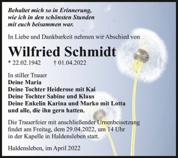 Traueranzeige von Wilfried Schmidt  von Magdeburger Volksstimme