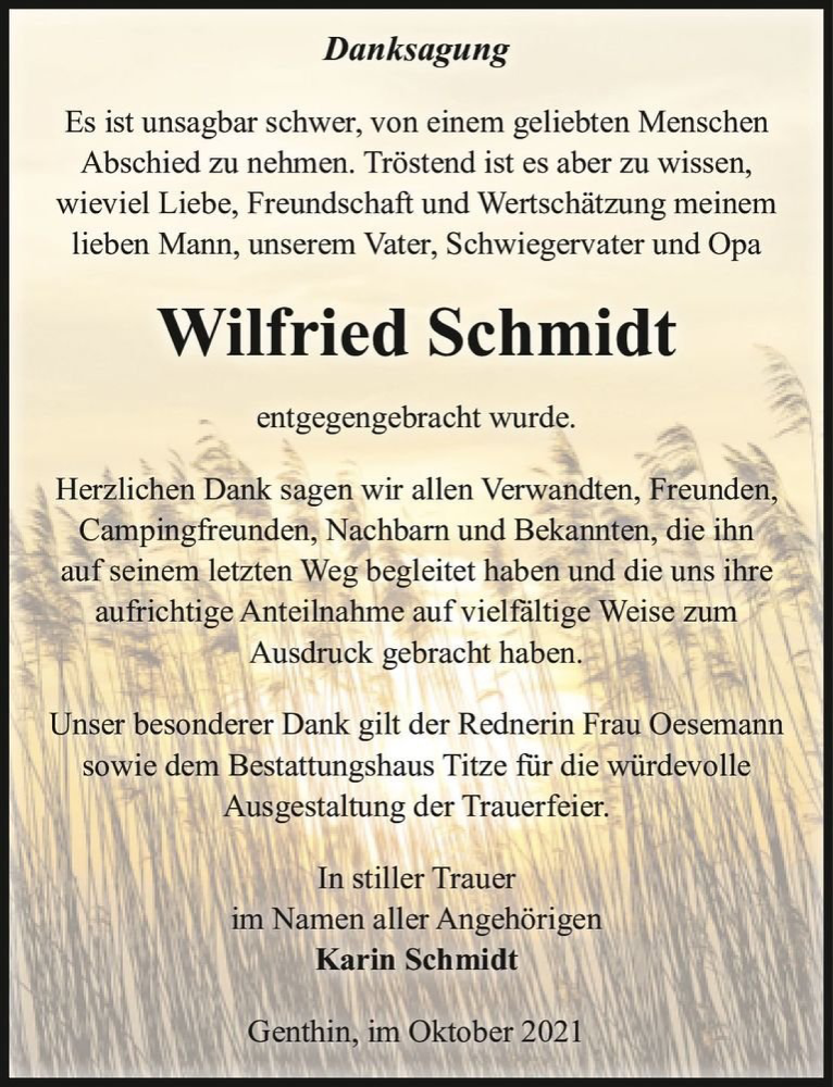  Traueranzeige für Wilfried Schmidt  vom 16.10.2021 aus Magdeburger Volksstimme