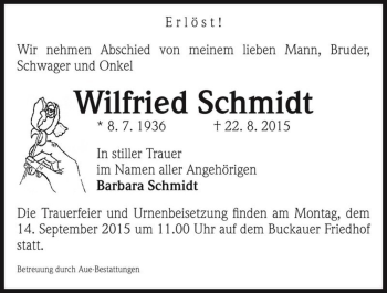 Traueranzeige von Wilfried Schmidt  von Magdeburger Volksstimme