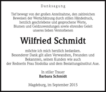 Traueranzeige von Wilfried Schmidt  von Magdeburger Volksstimme