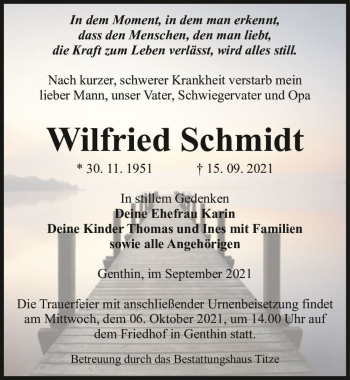 Traueranzeige von Wilfried Schmidt  von Magdeburger Volksstimme