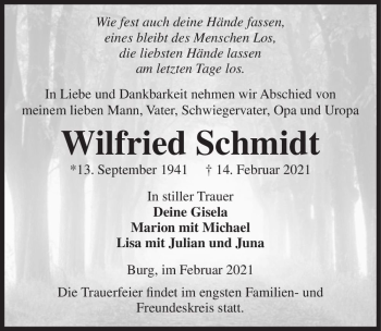 Traueranzeige von Wilfried Schmidt  von Magdeburger Volksstimme
