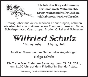 Traueranzeige von Wilfried Schulz  von Magdeburger Volksstimme