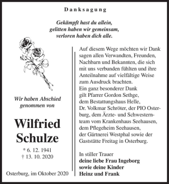 Traueranzeige von Wilfried Schulze  von Magdeburger Volksstimme