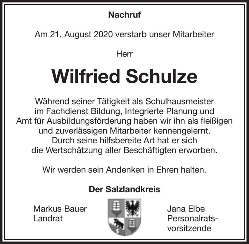  Traueranzeige für Wilfried Schulze  vom 10.09.2020 aus Magdeburger Volksstimme