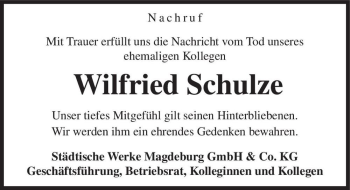 Traueranzeige von Wilfried Schulze  von Magdeburger Volksstimme