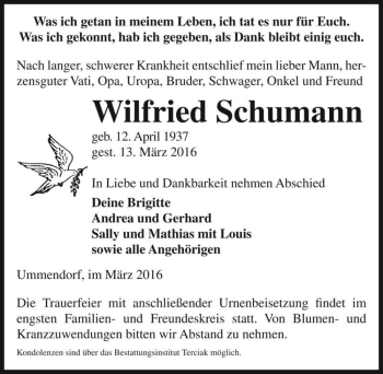 Traueranzeige von Wilfried Schumann  von Magdeburger Volksstimme