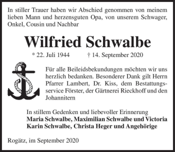 Traueranzeige von Wilfried Schwalbe  von Magdeburger Volksstimme