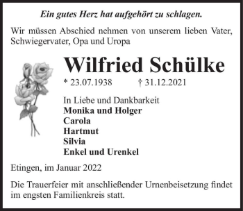 Traueranzeige von Wilfried Schülke  von Magdeburger Volksstimme