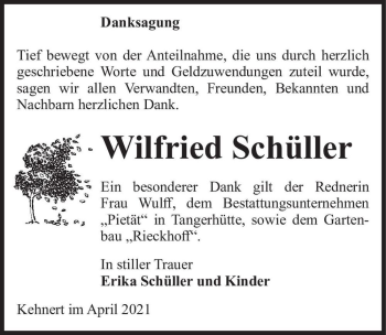 Traueranzeige von Wilfried Schüller  von Magdeburger Volksstimme