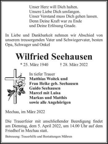 Traueranzeige von Wilfried Seehausen  von Magdeburger Volksstimme