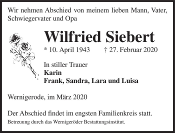 Traueranzeige von Wilfried Siebert  von Magdeburger Volksstimme