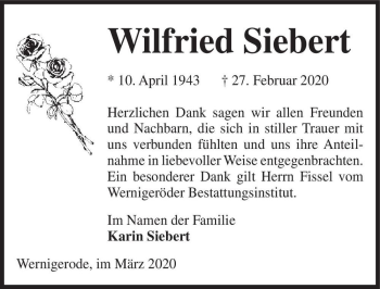 Traueranzeige von Wilfried Siebert  von Magdeburger Volksstimme