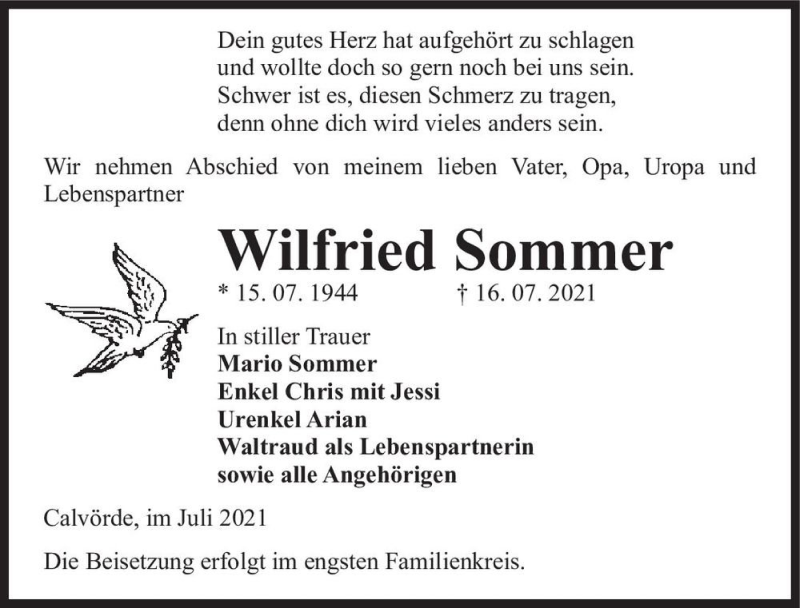  Traueranzeige für Wilfried Sommer  vom 22.07.2021 aus Magdeburger Volksstimme