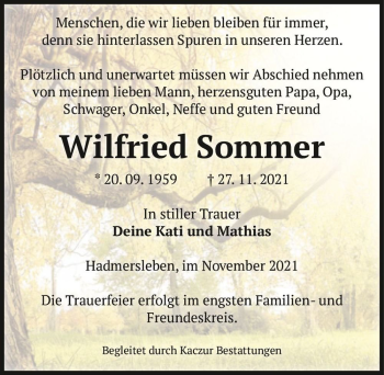 Traueranzeige von Wilfried Sommer  von Magdeburger Volksstimme