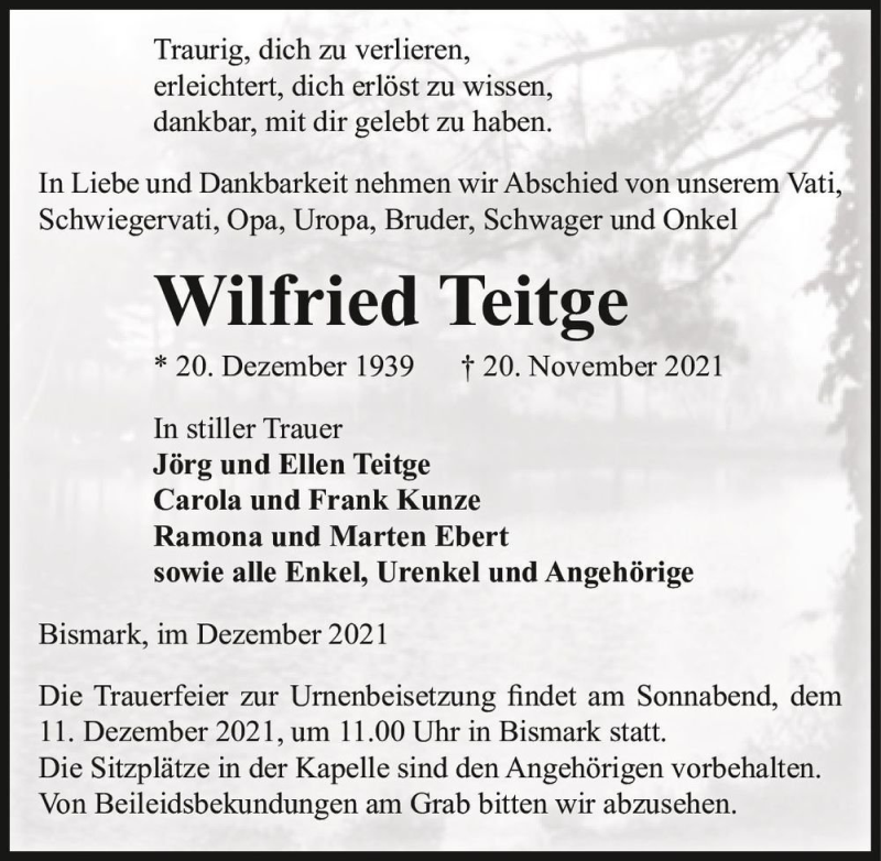  Traueranzeige für Wilfried Teitge  vom 04.12.2021 aus Magdeburger Volksstimme
