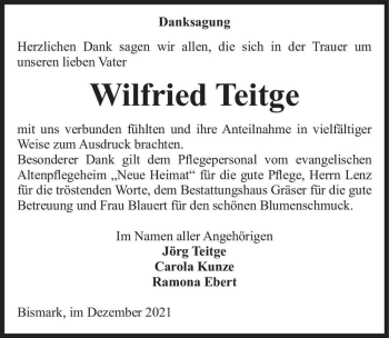 Traueranzeige von Wilfried Teitge  von Magdeburger Volksstimme