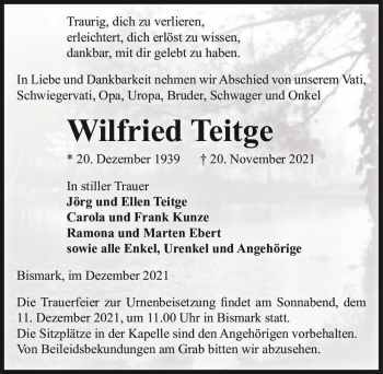 Traueranzeige von Wilfried Teitge  von Magdeburger Volksstimme