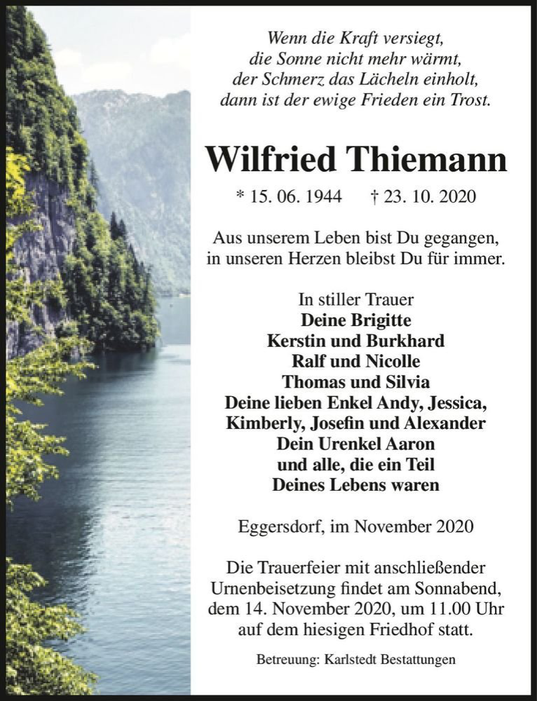  Traueranzeige für Wilfried Thiemann  vom 07.11.2020 aus Magdeburger Volksstimme