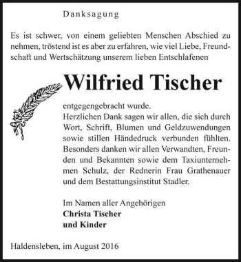 Traueranzeige von Wilfried Tischer  von Magdeburger Volksstimme