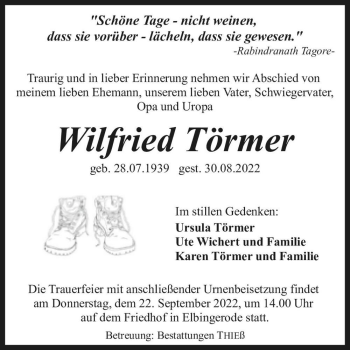 Traueranzeige von Wilfried Törmer  von Magdeburger Volksstimme