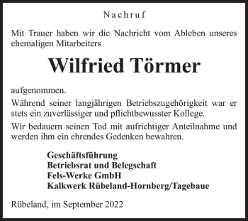 Traueranzeige von Wilfried Törmer  von Magdeburger Volksstimme