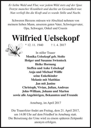Traueranzeige von Wilfried Uelsekopf  von Magdeburger Volksstimme