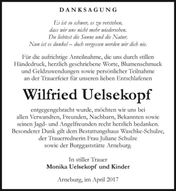 Traueranzeige von Wilfried Uelsekopf  von Magdeburger Volksstimme