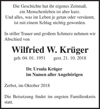 Traueranzeige von Wilfried W. Krüger  von Magdeburger Volksstimme