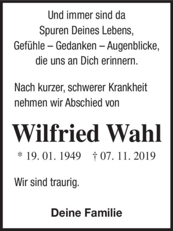 Traueranzeige von Wilfried Wahl  von Magdeburger Volksstimme