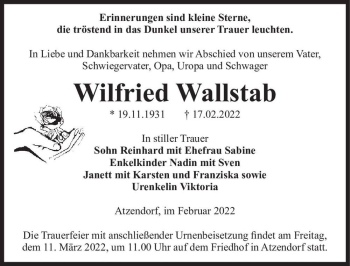 Traueranzeige von Wilfried Wallstab  von Magdeburger Volksstimme