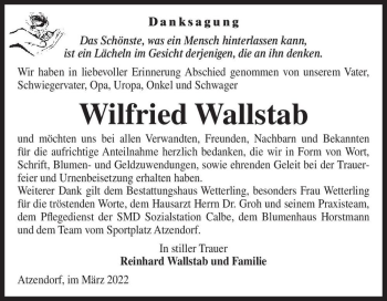 Traueranzeige von Wilfried Wallstab  von Magdeburger Volksstimme