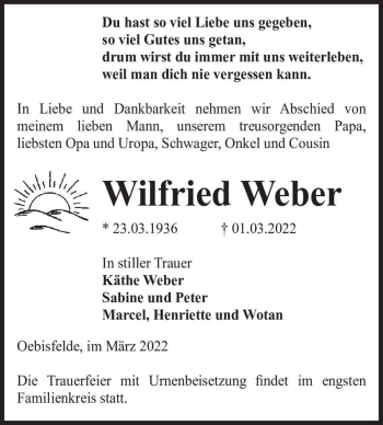 Traueranzeige von Wilfried Weber  von Magdeburger Volksstimme