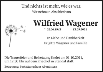 Traueranzeige von Wilfried Wegener  von Magdeburger Volksstimme