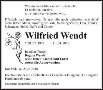 Traueranzeige von Wilfried Wendt  von Magdeburger Volksstimme