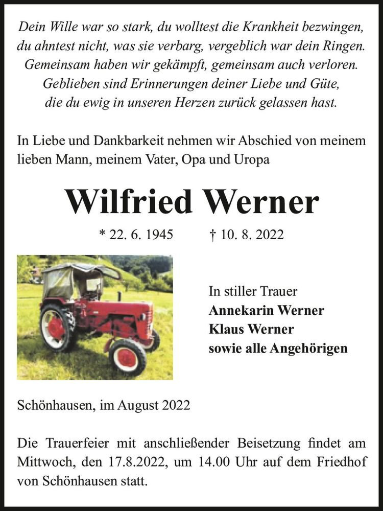  Traueranzeige für Wilfried Werner  vom 13.08.2022 aus Magdeburger Volksstimme