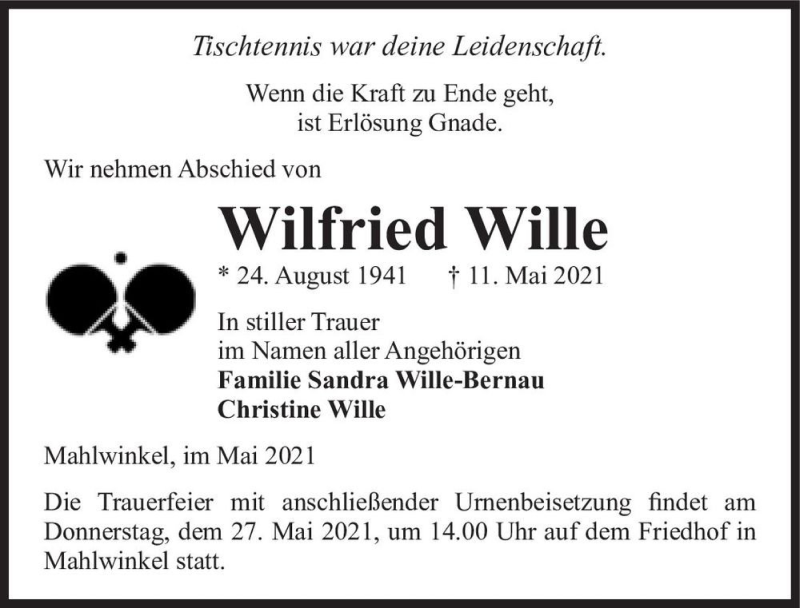  Traueranzeige für Wilfried Wille  vom 22.05.2021 aus Magdeburger Volksstimme