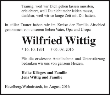 Traueranzeige von Wilfried Wittig  von Magdeburger Volksstimme