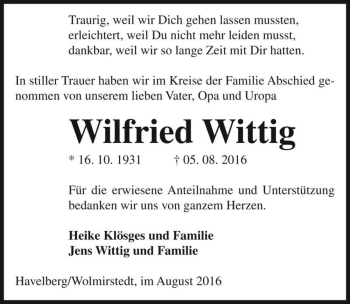 Traueranzeige von Wilfried Wittig  von Magdeburger Volksstimme