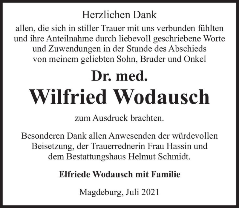  Traueranzeige für Wilfried Wodausch  vom 24.07.2021 aus Magdeburger Volksstimme