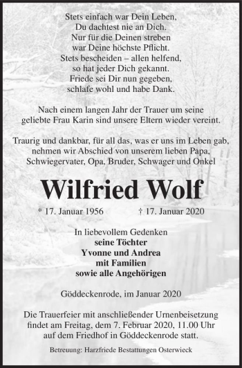 Traueranzeige von Wilfried Wolf  von Magdeburger Volksstimme
