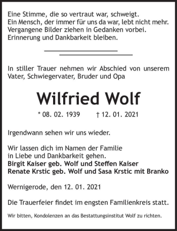 Traueranzeige von Wilfried Wolf  von Magdeburger Volksstimme