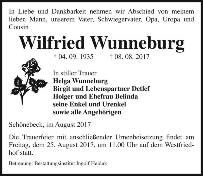  Traueranzeige für Wilfried Wunneburg  vom 12.08.2017 aus Magdeburger Volksstimme