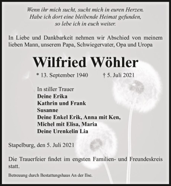 Traueranzeige von Wilfried Wöhler  von Magdeburger Volksstimme