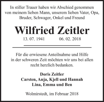 Traueranzeige von Wilfried Zeitler  von Magdeburger Volksstimme